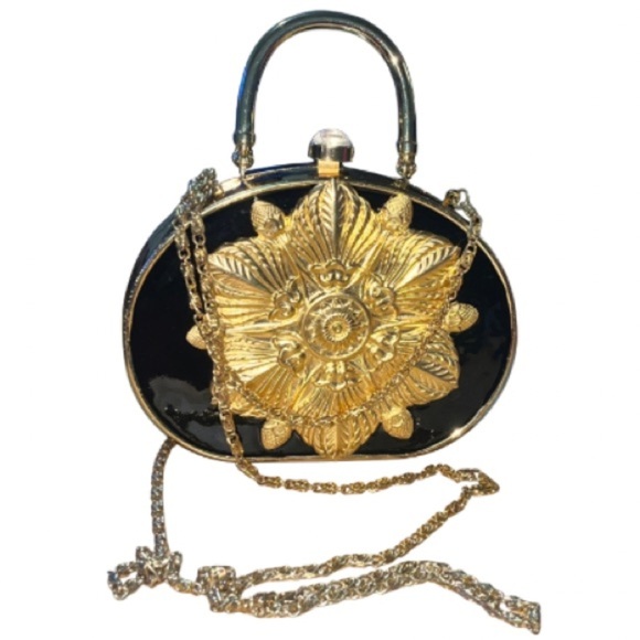 None Handbags - Chic Vintage Black and Gold Floral Clutch With Gold-Tone Chain Strap, 60’s